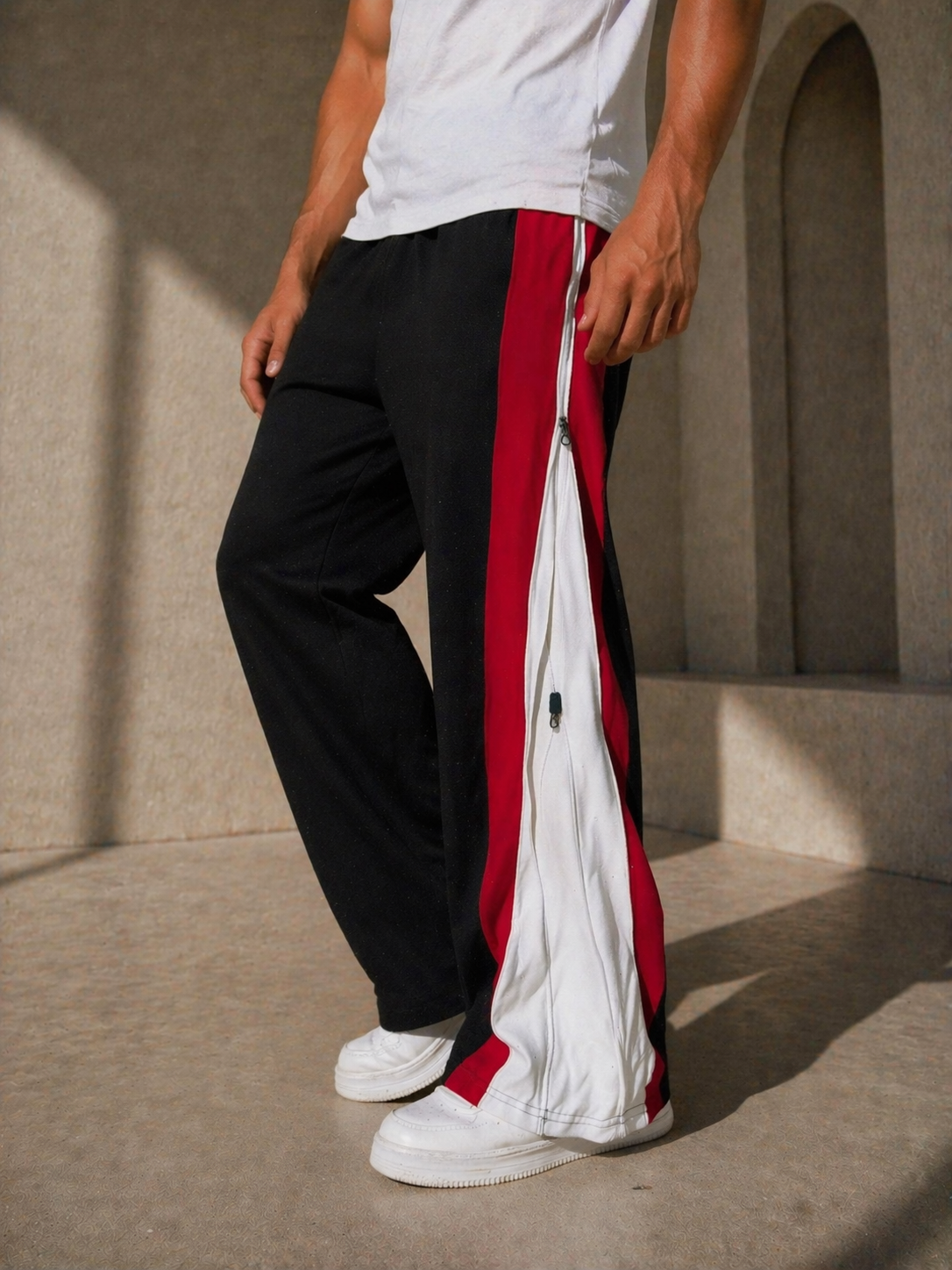 Crimson Split Zip Track Pants – Black with Red/White Panel-8