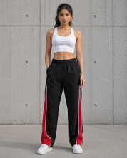 Side Zip Track Pants – Relaxed Fit | Black with Red Panel 260 GSM