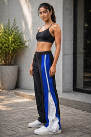 Side Zip Track Pants – Relaxed Fit | Black with Blue Panel