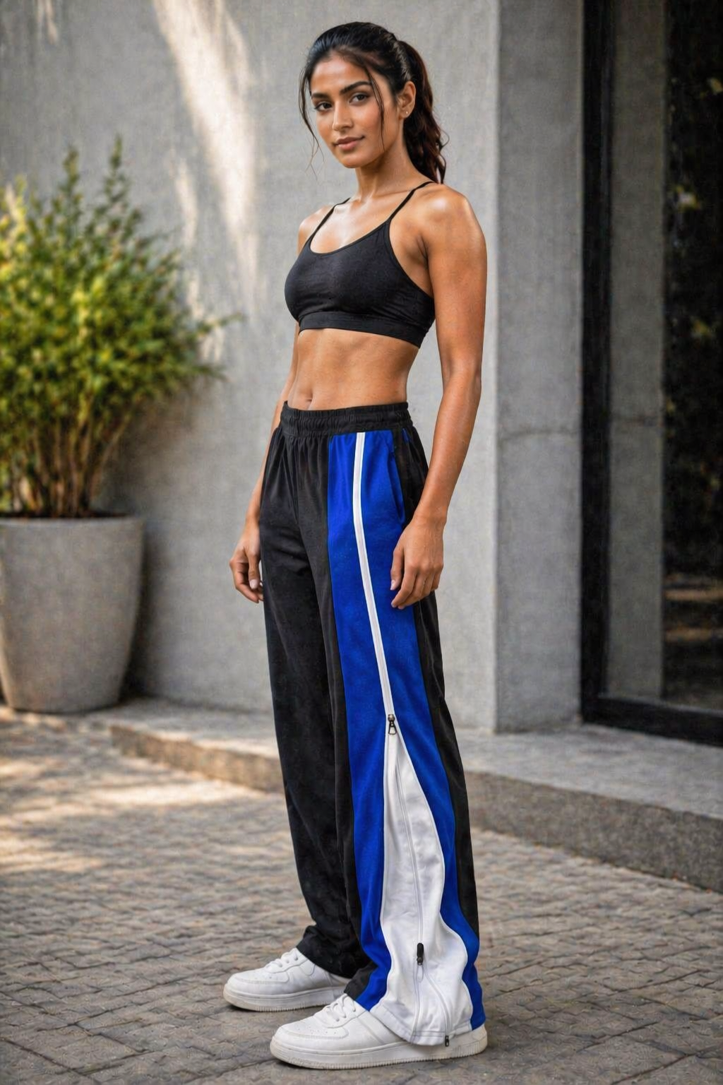 Side Zip Track Pants – Relaxed Fit | Black with Blue Panel
