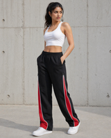 Side Zip Track Pants – Relaxed Fit | Black with Red Panel 260 GSM