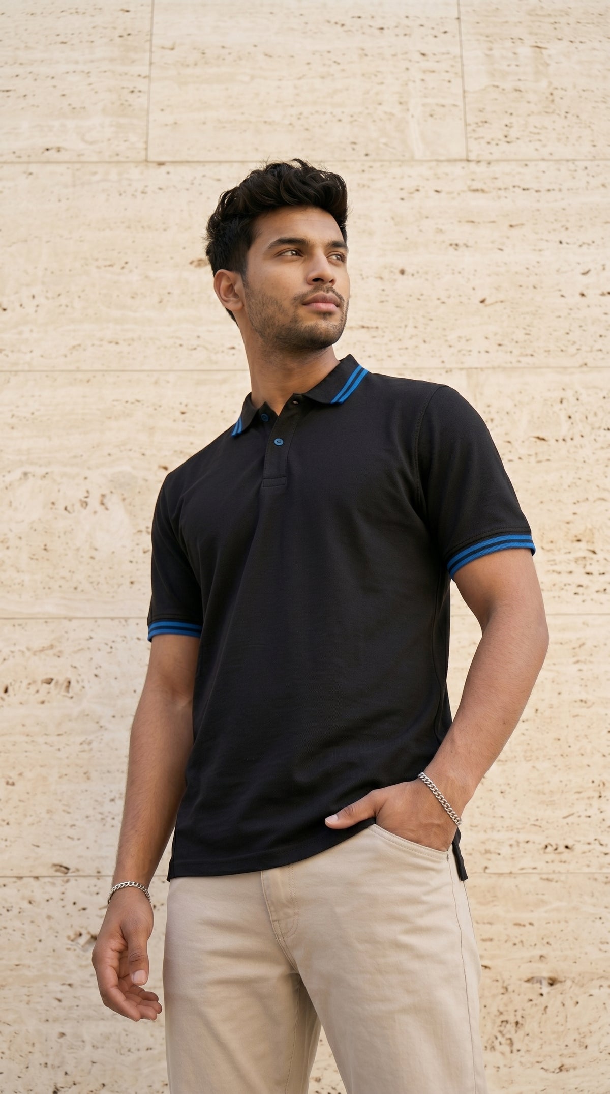Black Polo Tee with Midnight Blue Stripe Detail-7